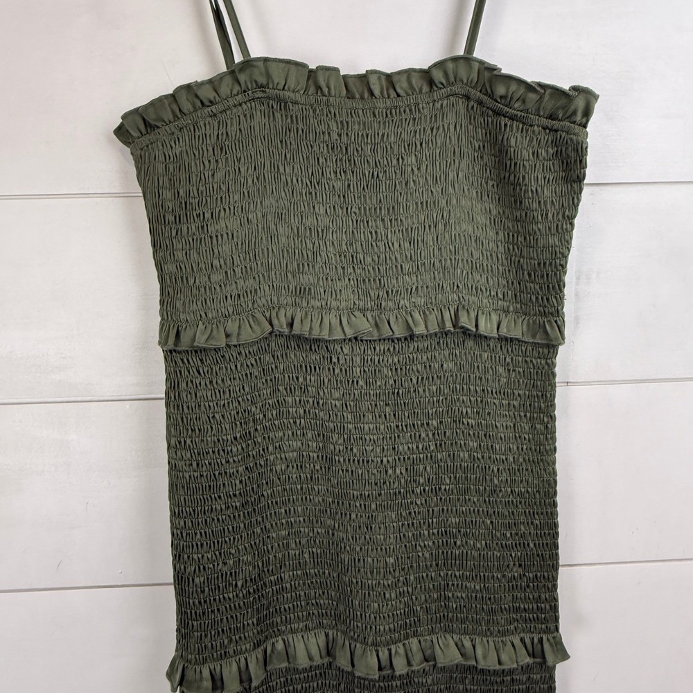 Mable ESME Green SATEEN Smocked Tiered Ruffle MIDI Dress Spaghetti Strap WOMEN M - Picture 3 of 10